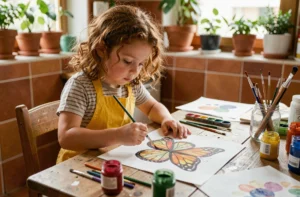 Jeune fille peignant une aquarelle à une table d'artisanat chez elle, activité créative et éducative pour enfants