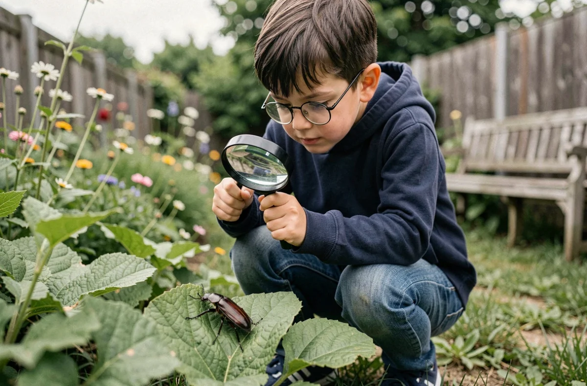 Garçon explorant la nature avec une loupe dans un jardin, activité éducative d'observation scientifique pour enfants