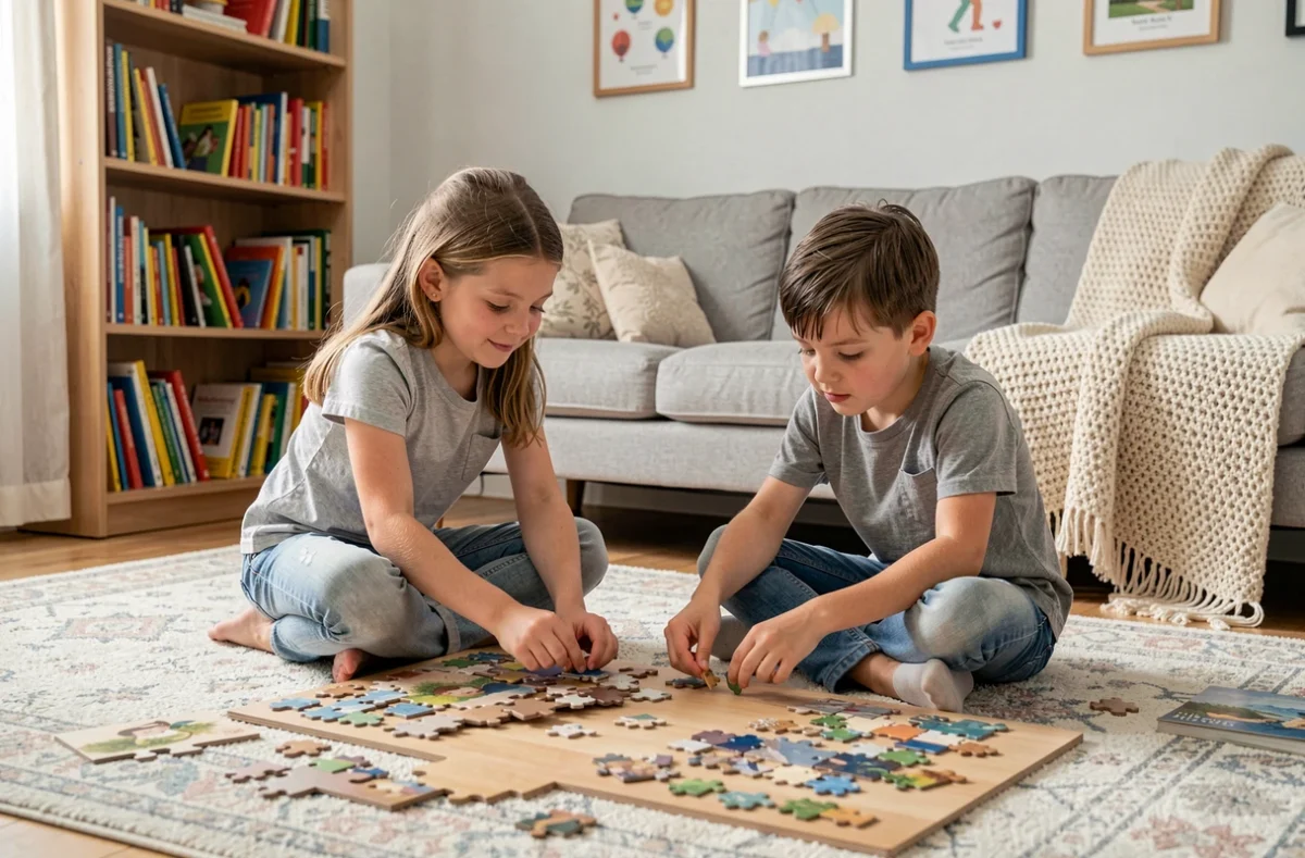 Deux enfants assemblant un puzzle en bois ensemble dans un salon, activité ludique et éducative favorisant la coopération