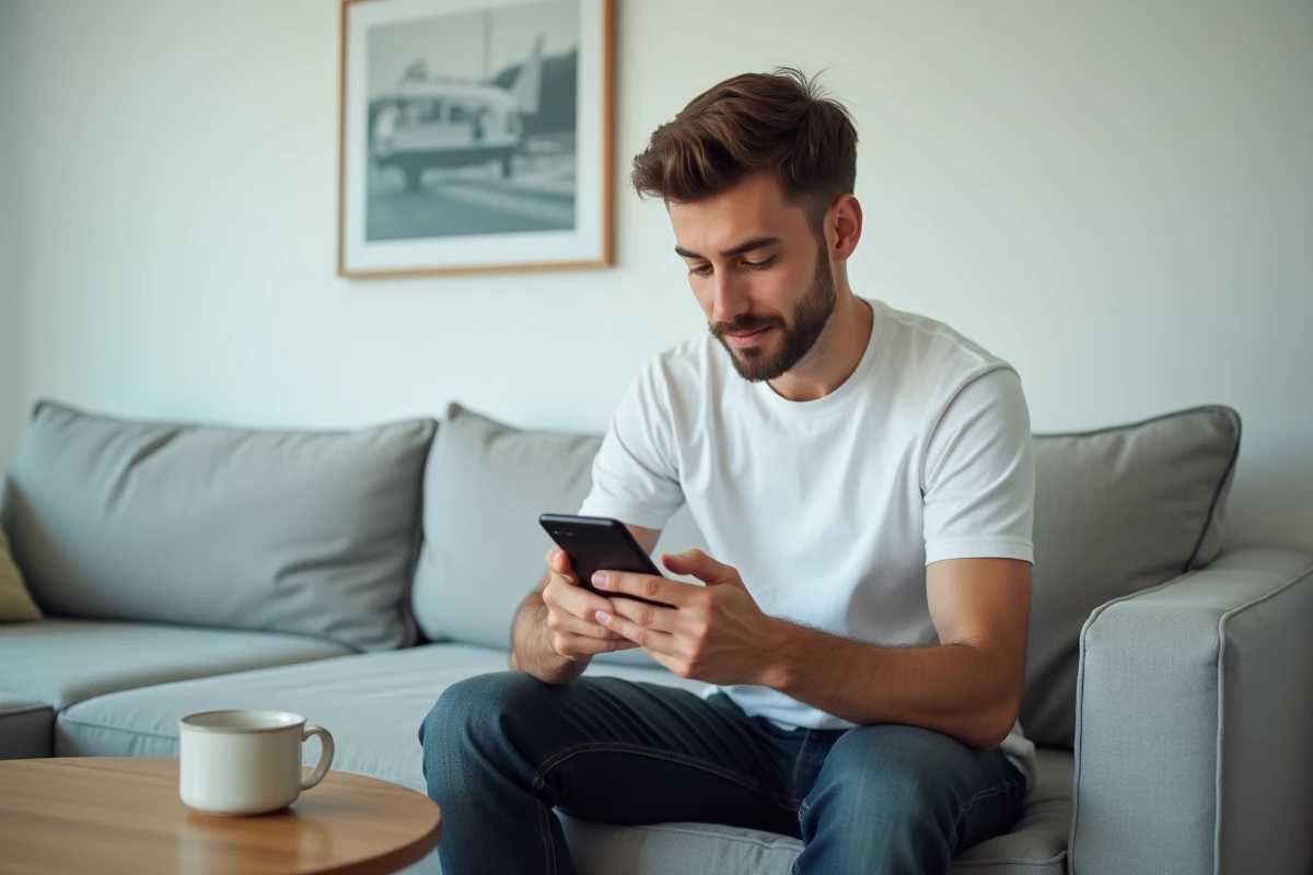 Jeune homme comparant des banques en ligne sur son smartphone depuis son appartement