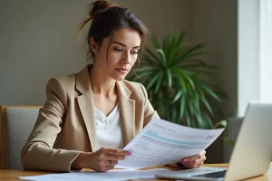 Femme comparant des offres bancaires sur un ordinateur portable dans un bureau à domicile moderne