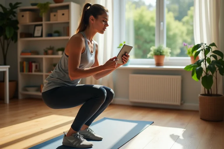 Femme pratiquant le squat lors d'une séance de coaching sportif à domicile avec une tablette comme guide d'entraînement