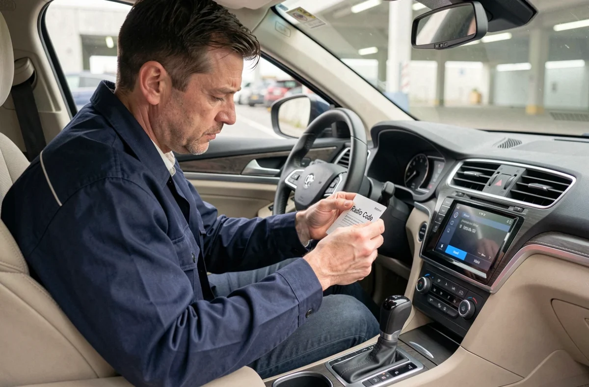 Homme consultant le livret du code autoradio assis dans l'habitacle d'une voiture moderne