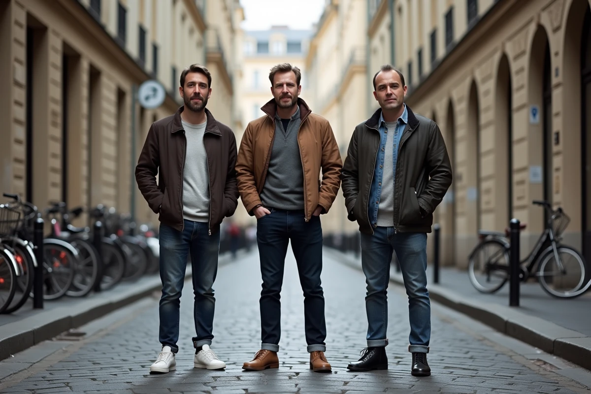 Trois hommes français de tailles différentes dans une rue pavée de province, comparaison visuelle de la taille moyenne régionale en France