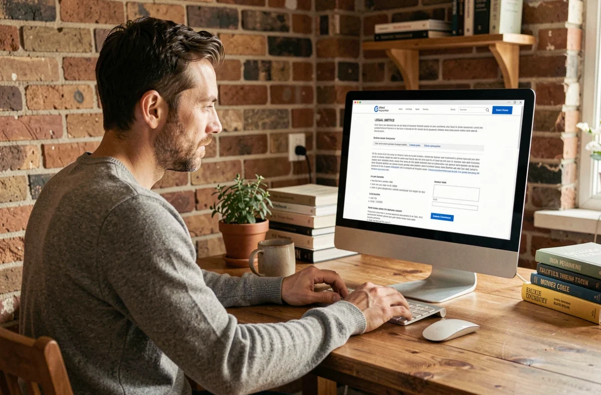 Homme en pull gris consultant les mentions légales d'un site web depuis son bureau à domicile avec ordinateur de bureau