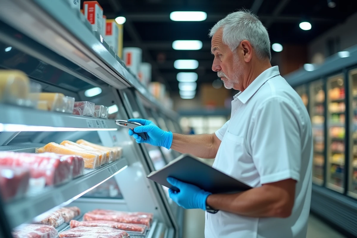 Inspecteur alimentaire mesurant la température de charcuteries en vitrine réfrigérée dans un supermarché lors d'un contrôle sanitaire