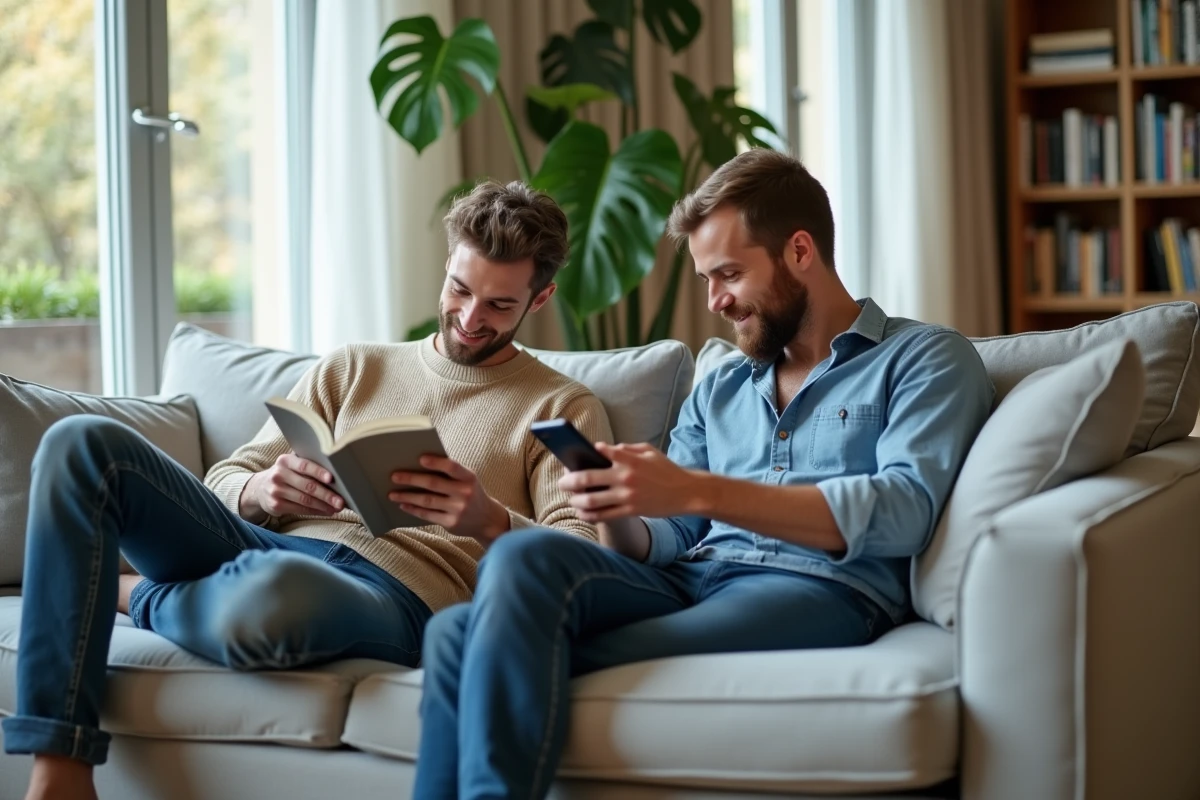 Deux hommes détendus dans leur appartement parisien, lisant et utilisant un téléphone, illustrant l'intimité de la vie privée d'un couple