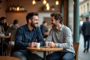 Deux hommes souriants partageant un café dans un bistrot parisien, illustrant la complicité d'un couple dans leur vie quotidienne