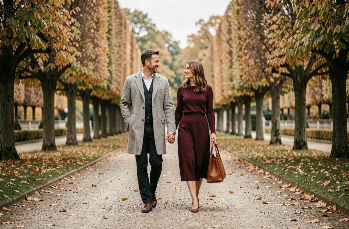 Couple se promenant dans un jardin parisien en automne, portrait en pied en extérieur