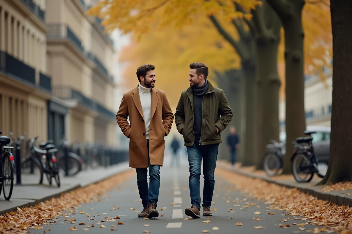 Deux hommes marchant côte à côte dans une rue parisienne en automne, évoquant la vie privée et les sorties d'un couple