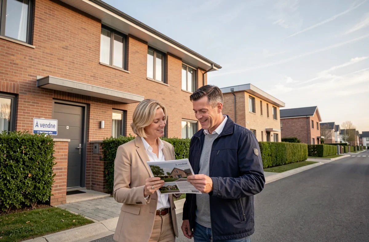 Couple devant une maison à vendre consultant une brochure immobilière lors d'une visite de bien résidentiel