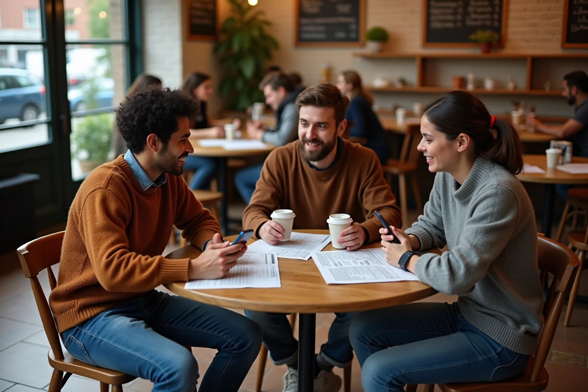 Groupe de personnes débattant de l'actualité autour d'une table dans un café avec articles imprimés