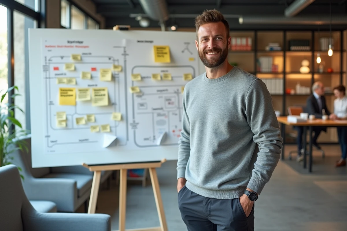 Entrepreneur présentant une feuille de route innovation sur tableau blanc dans un bureau de startup à Rennes
