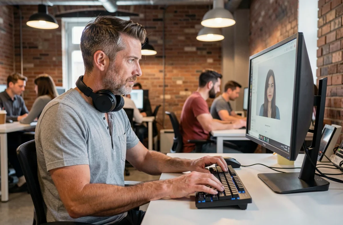 Entrepreneur masculin suivant un webinaire dans un espace de coworking moderne