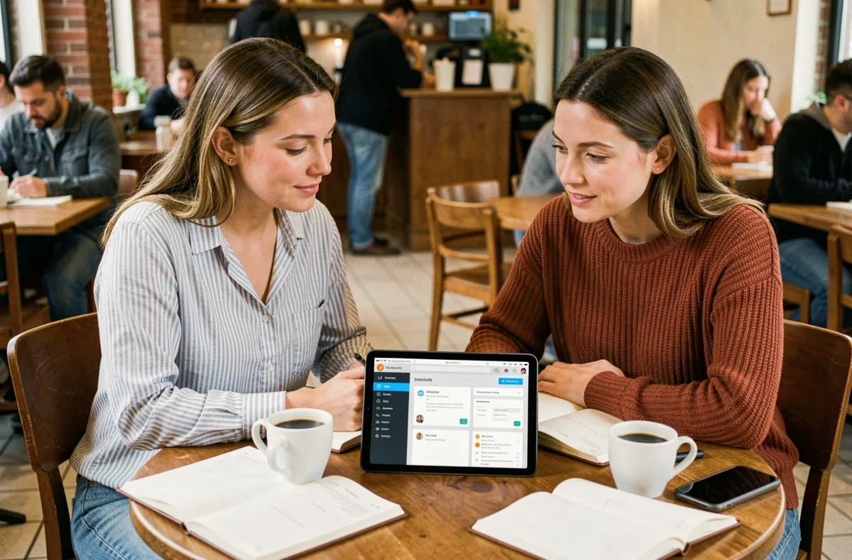Deux entrepreneures collaborant sur une formation en ligne dans un café urbain