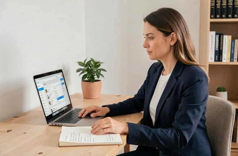 Entrepreneuse suivant une formation en ligne depuis son bureau à domicile avec un carnet de notes