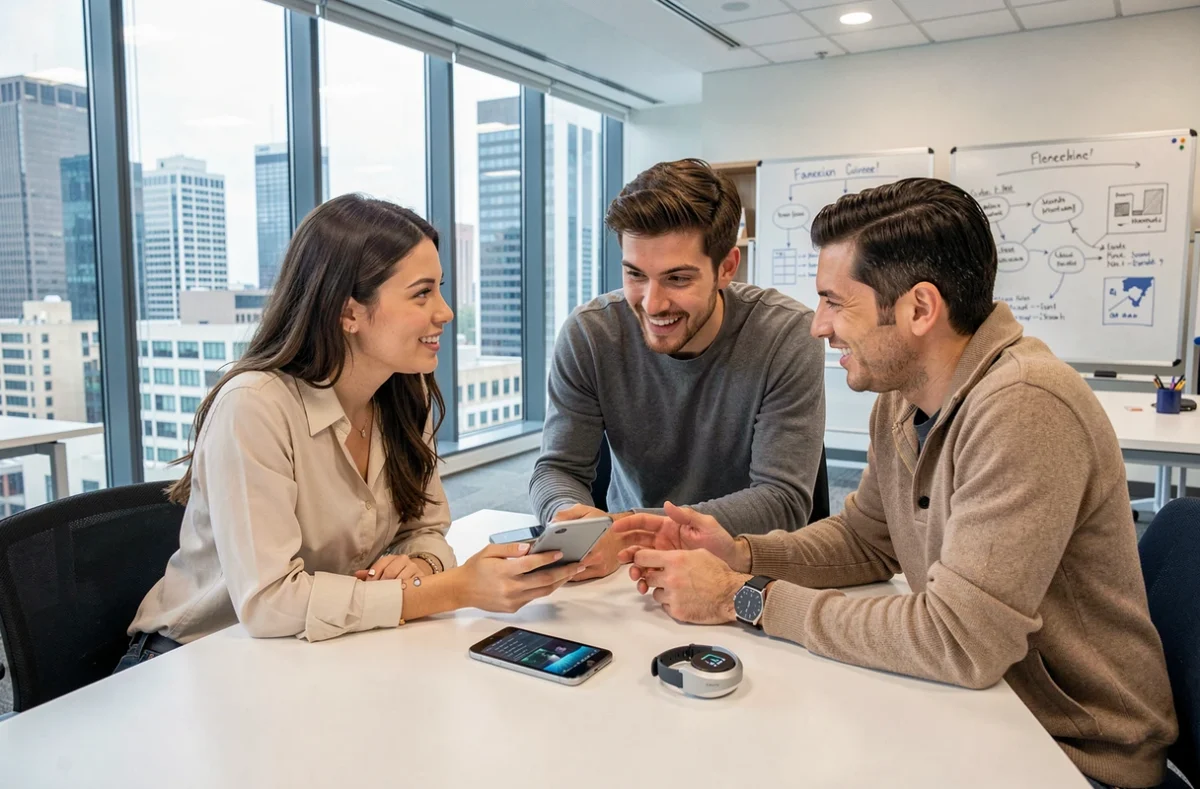 Équipe de jeunes professionnels analysant des prototypes de technologies innovantes comme un smartphone pliable et un wearable médical en laboratoire