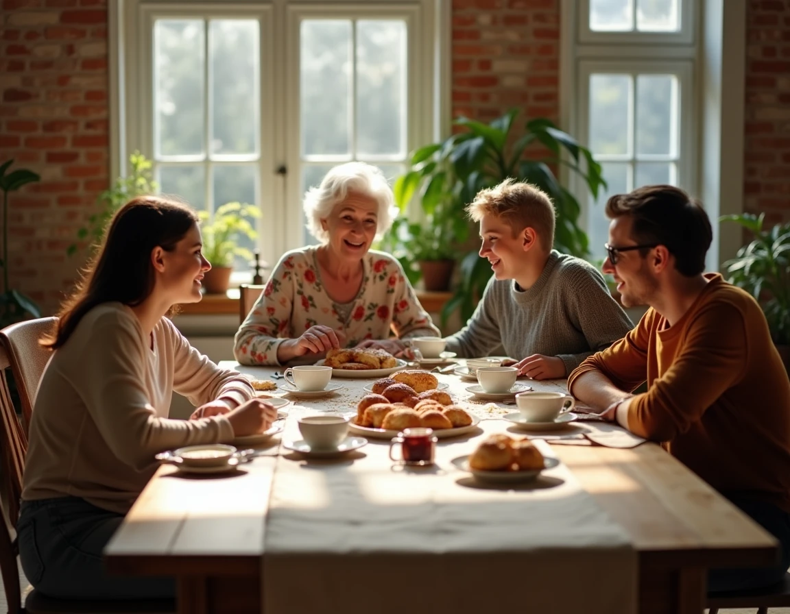 Famille multigénérationnelle réunie autour d'un petit-déjeuner dominical, grand-mère et petits-enfants partageant un moment de joie et de complicité