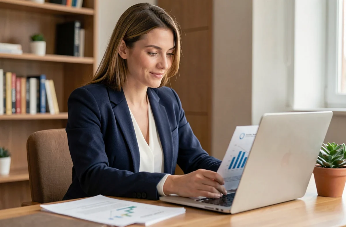 Femme analysant des documents financiers sur un bureau en bois dans un bureau à domicile moderne, illustrant les premiers pas dans l'investissement