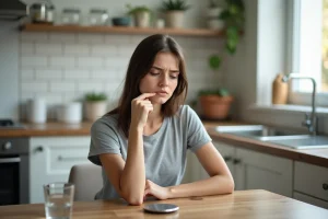 Femme souffrant d'un aphte buccal se touchant la bouche avec une expression de gêne dans sa cuisine