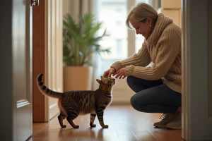 Femme avec chat dans un nouveau logement intérieur