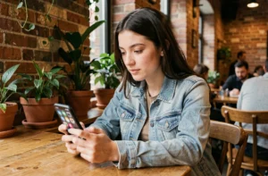 Jeune femme dans un café découvrant de nouvelles applications Android sur son smartphone