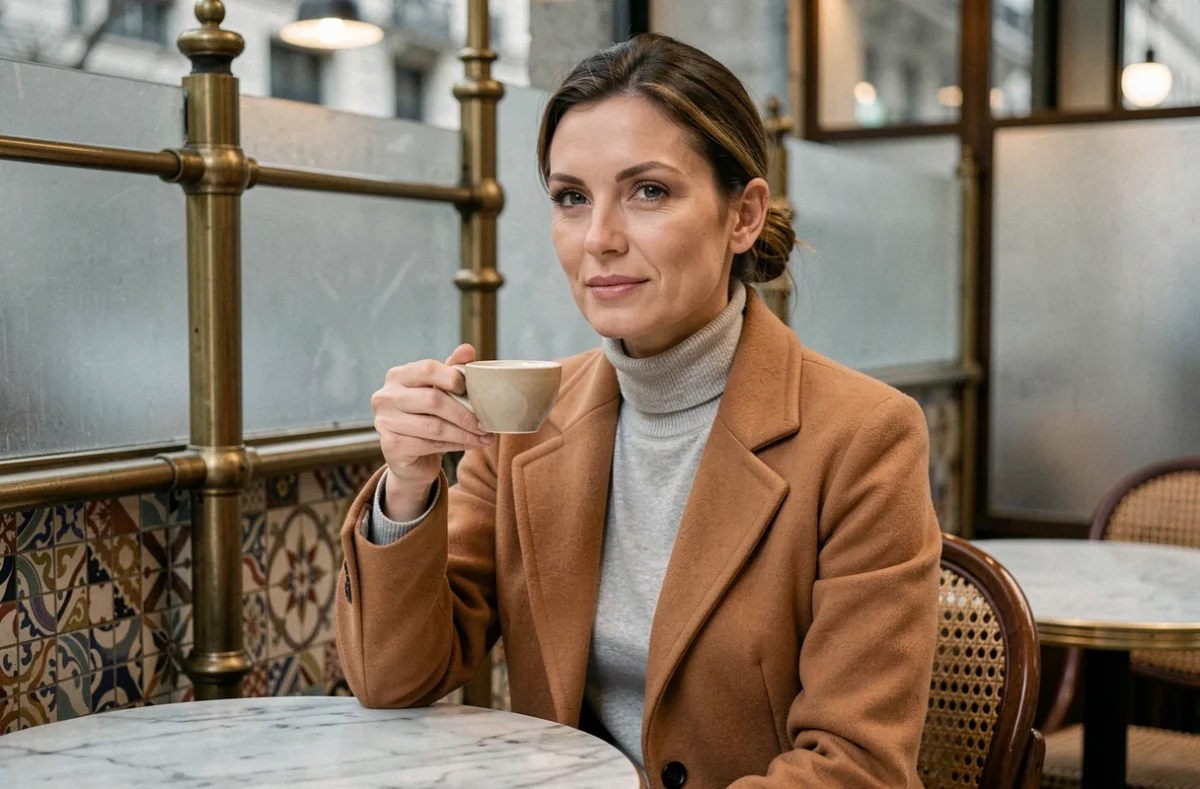 Femme élégante assise dans une brasserie parisienne classique, portrait lifestyle éditorial