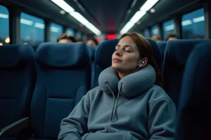 Femme endormie dans un siège inclinable de bus BlaBlaCar de nuit avec oreiller de voyage