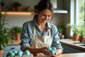 Femme souriante tenant des œufs bleus dans la cuisine chaleureuse