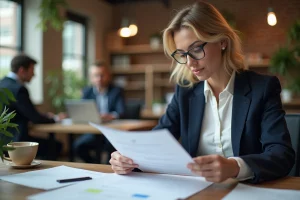 Femme professionnelle révisant son CV dans un espace de coworking moderne pour optimiser ses opportunités d'emploi