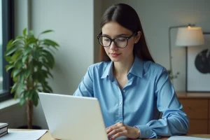 Jeune femme professionnelle utilisant un ordinateur portable dans un bureau moderne