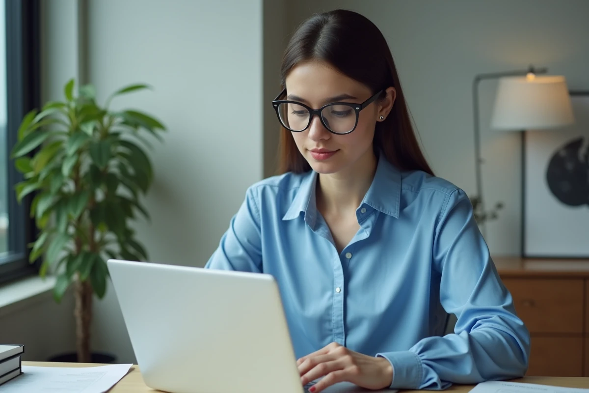 Jeune femme professionnelle utilisant un ordinateur portable dans un bureau moderne