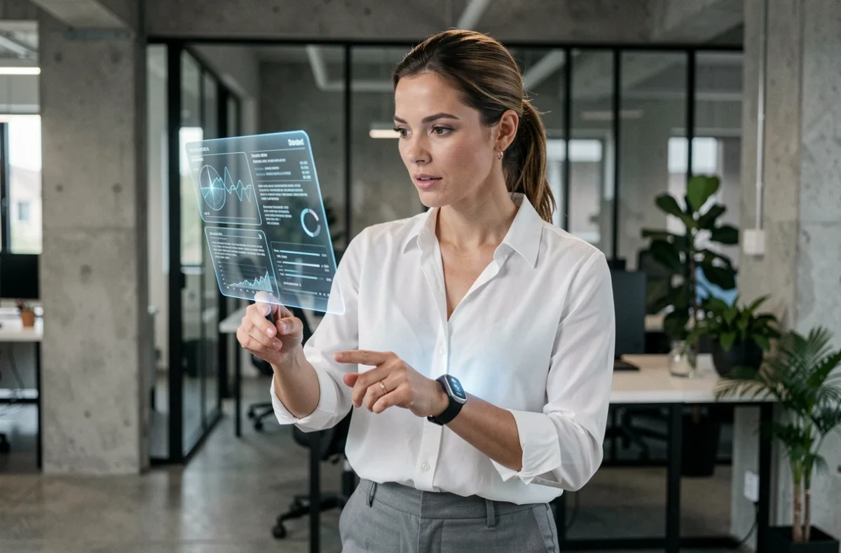 Femme utilisant une interface de réalité augmentée portée au poignet dans un espace de travail technologique moderne en 2024