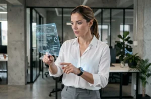 Femme utilisant une interface de réalité augmentée portée au poignet dans un espace de travail technologique moderne en 2024