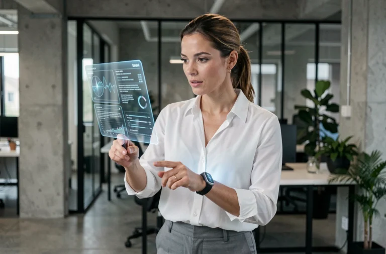 Femme utilisant une interface de réalité augmentée portée au poignet dans un espace de travail technologique moderne en 2024
