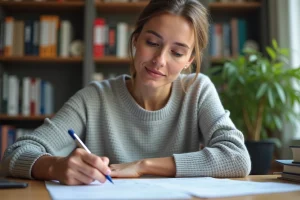 Femme remplissant le formulaire Cerfa H1 à son bureau à domicile