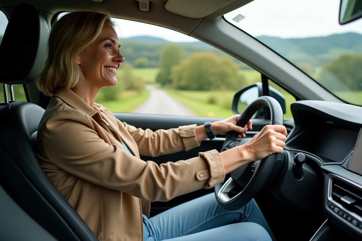Femme souriante dans une voiture hybride en campagne