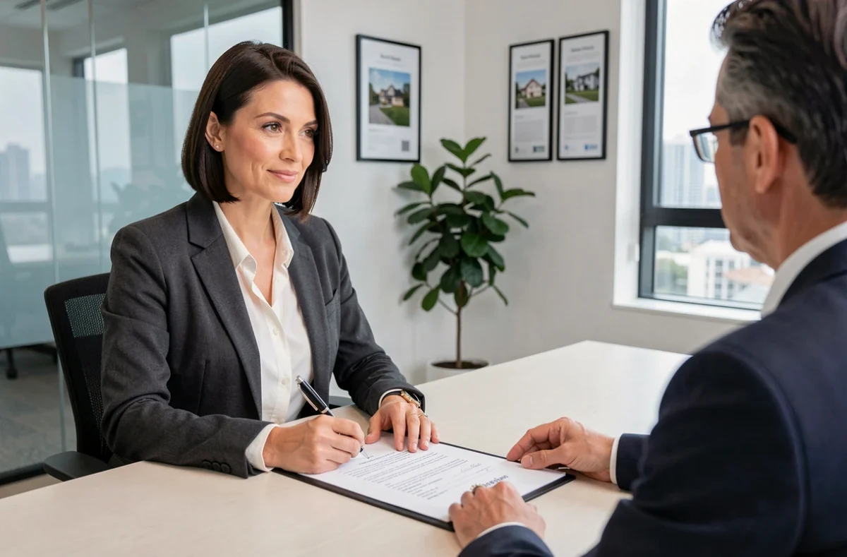 Femme signant un contrat d'achat immobilier dans une agence professionnelle lors d'un investissement réussi