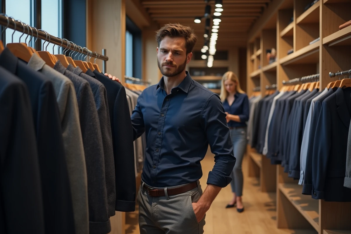 Homme confiant choisissant une veste dans une boutique élégante