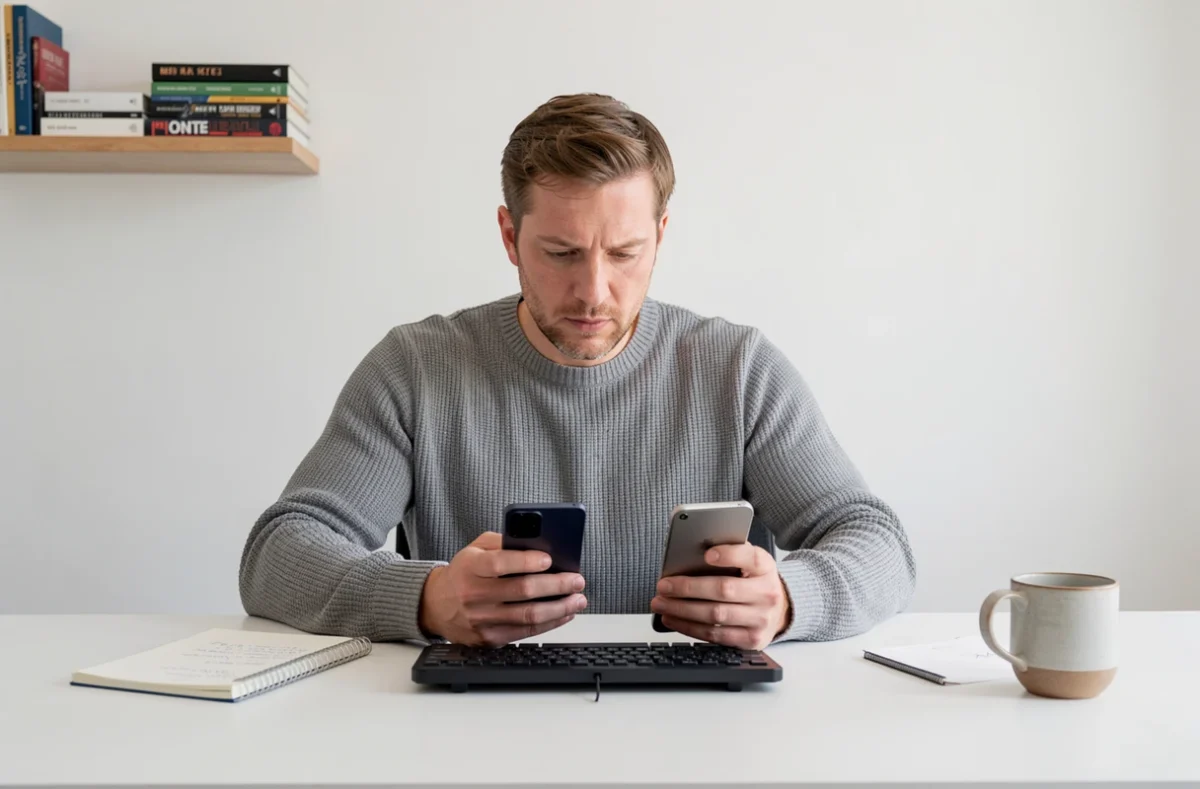 Homme comparant des applications Android sur deux smartphones dans un bureau à domicile épuré