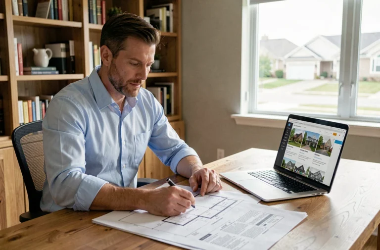 Homme consultant des plans immobiliers et des documents de projet d'investissement dans un bureau moderne à domicile