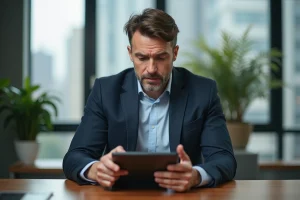 Homme d'âge moyen en tenue professionnelle examine une tablette