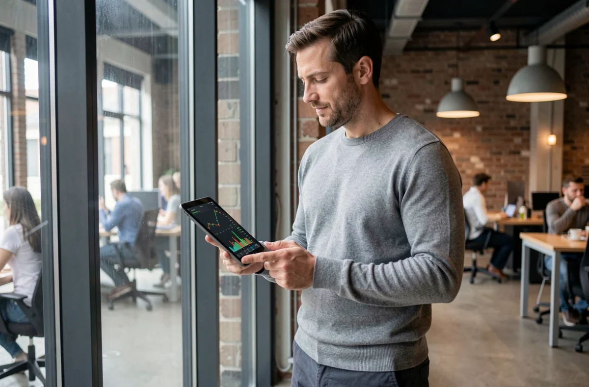 Homme consultant des graphiques de portefeuille d'investissement sur une tablette dans un espace de coworking moderne