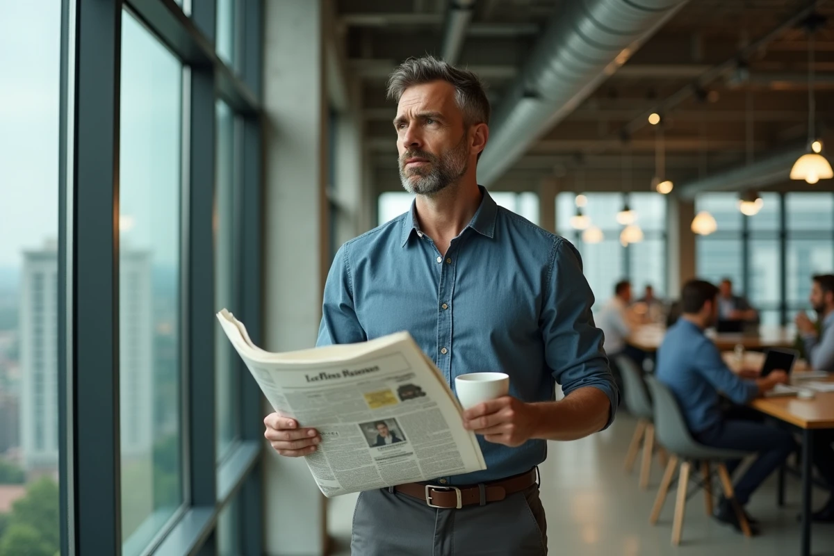 Homme lisant un journal dans un espace de coworking moderne avec vue sur la ville