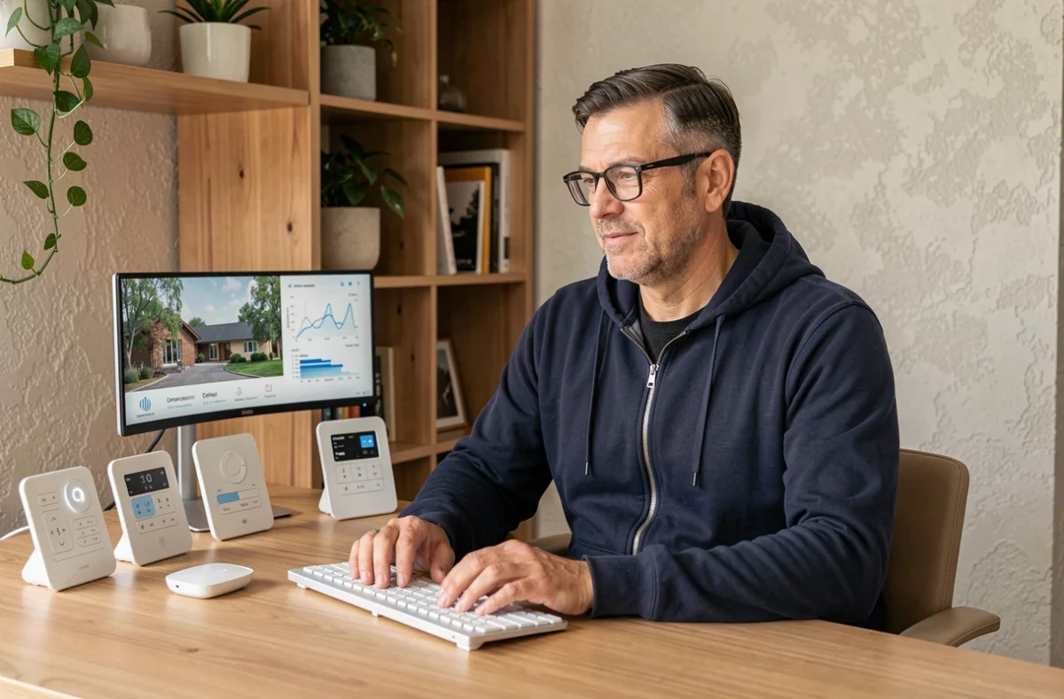 Homme interagissant avec un système de maison intelligente et des panneaux de contrôle connectés depuis son bureau à domicile