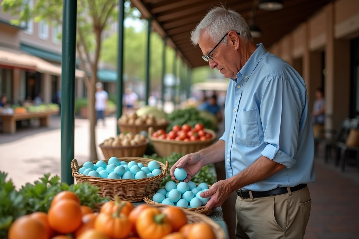 Homme choisissant des œufs bleus au marché en plein air