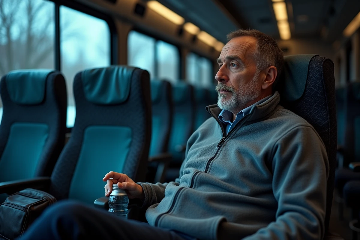Homme ajustant son siège inclinable dans un bus longue distance BlaBlaCar pour la nuit