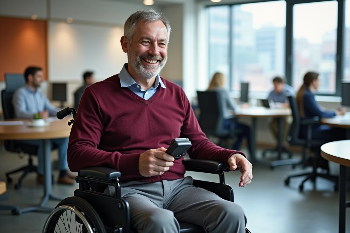Homme en fauteuil avec appareil de communication au bureau