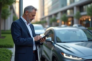 Homme en costume vérifiant une voiture hybride en ville