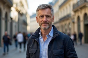 Homme d'âge moyen dans une place parisienne ensoleillée
